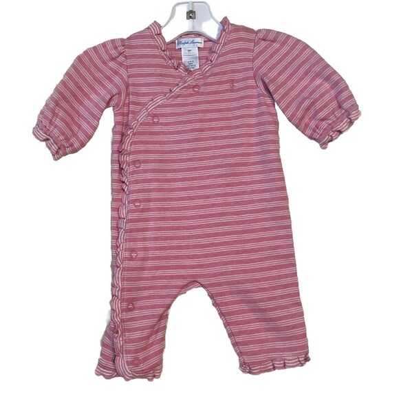 Ralph Lauren Vintage 90’s Pink Pajama With Cute Buttons White Striped Size 3M - Picture 1 of 9